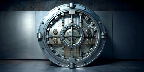 A round vault door in a bank showing its complex design The door is made of heavy metal with complex locking mechanisms visible