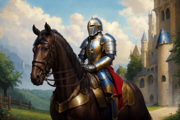 Knight on a horse with castle in background and beautiful sky