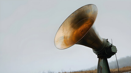 vintage horn speaker, outdoor sound amplification, rusted metallic surface, historical significance, nostalgic appeal, effective for marketing campaigns, public announcements, educational purposes,...