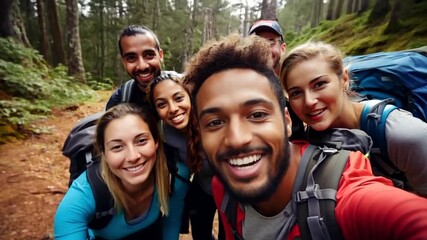 Diverse group of male and female friends taking selfie at hiking