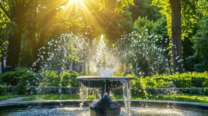 Fountain with water splashing in a sunny summer city park garden nature surrounded by green trees. Copy space, travel touris