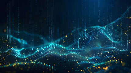 vibrant abstract digital landscape, dynamic flowing curves of bright blue and gold tones, seamless blend of technology and art, ideal for tech marketing, education, and innovation,...