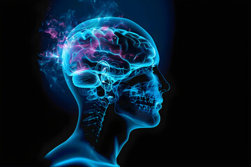 futuristic blue human anatomy illustration, glowing brain, ideal for medical technology, educational content, detailed medical analysis, diverse healthcare marketing, scientific presentations,...