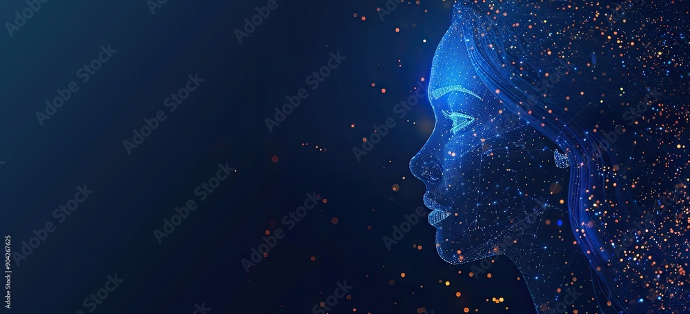 Poster artificial intelligence concept with a digital human profile and binary code on a dark blue backgrou