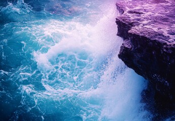 Obraz premium A vibrant close up of water crashing down a rocky ledge, creating a beautiful spray and foam effect