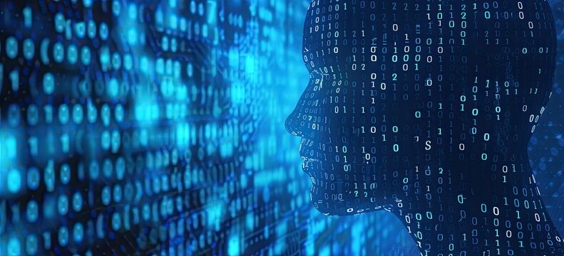 Artificial Intelligence and Internet of Things, blue digital background with binary code, circuit board pattern and profile view silhouette of head representing artificial intelligence Generative AI