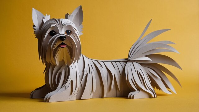 Yorkshire Terrier dog in a relaxed pose on a solid yellow backdrop.