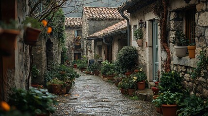 Fototapeta premium Charming stone alleyway with potted plants and wet cobblestone after rain in a quaint village.