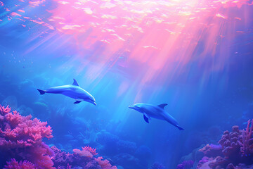 Obraz premium Captivating underwater scene with pastelcolored dolphins playing, coral formations, tranquil marine life