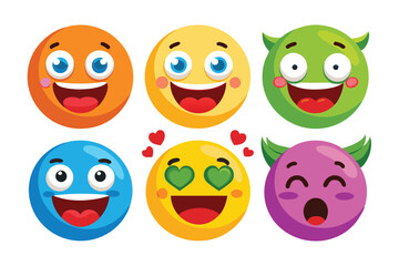 Six Colorful Emojis with Different Facial Expressions