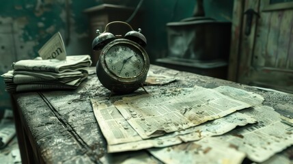 Naklejka premium Forgotten objects like old newspapers, a broken clock, and dusty furniture in an abandoned room