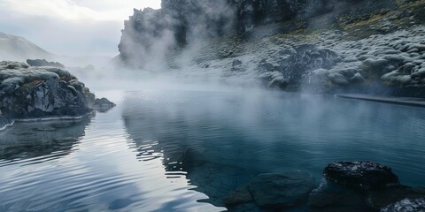 Fototapeta premium Mist rising from a hot spring pool surrounded by volcanic rock