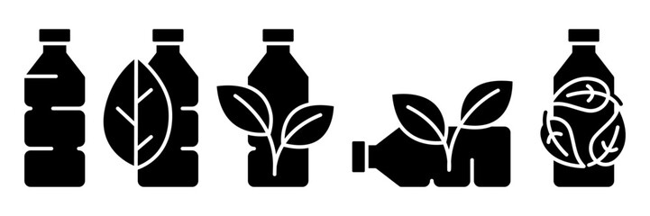 Recycle plastic bottle icon line with green leaves. Set of symbols and signs for design of recycle label products.	