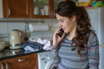 Young woman happily chatting on her cell phone in the kitchen