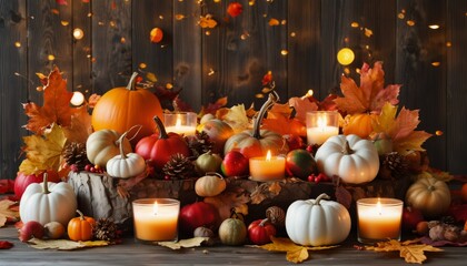 autumnal decor scattered around a wooden background, including colorful fall leaves, candles, and small pumpkins, framing a lavish thanksgiving feast that evokes warmth and indu
