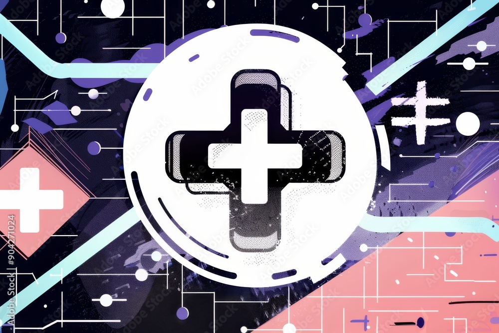 Poster a futuristic medical icon with digital elements and a white cross symbolizing the integration of tec