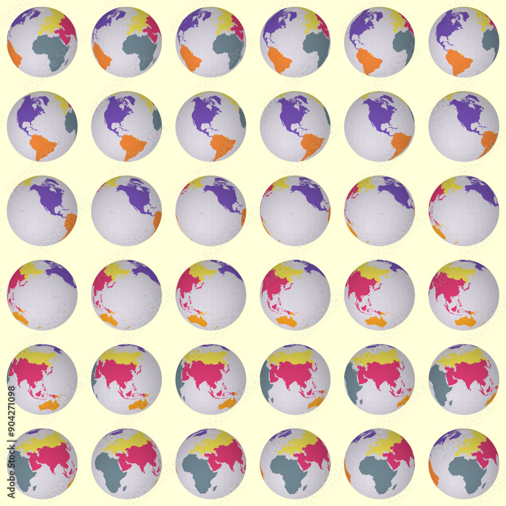 Poster collection of globes in a slanted sphere view, rotated at 10-degree intervals. features colored cont