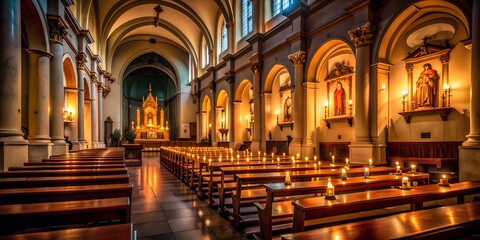 Fototapeta premium Warm golden light from candles illuminates the dimly lit Catholic church interior at dusk. Generative By AI