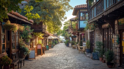 Fototapeta premium Charming cobblestone street lined with flowers, cafes, and shops under a clear sky.