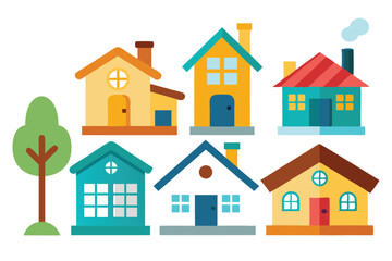 Fototapeta premium Colorful Cartoon Houses with a Tree and Smoke