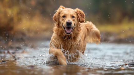 Golden retriever joyfully running through water, splashing and playing on an autumn day.