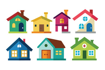 Set of Colorful Houses with Chimneys, Windows, and Doors