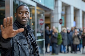 Naklejka premium Security guard confidently halting outside building