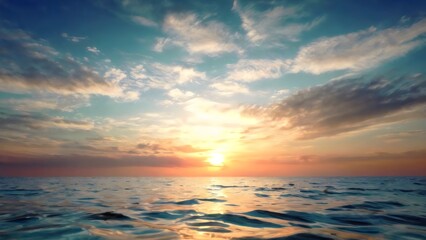 Obraz premium erene beach background featuring a sandy shore meeting clear blue ocean waves under a bright, sunny sky. The scene is adorned with a few scattered palm trees and fluffy white clouds