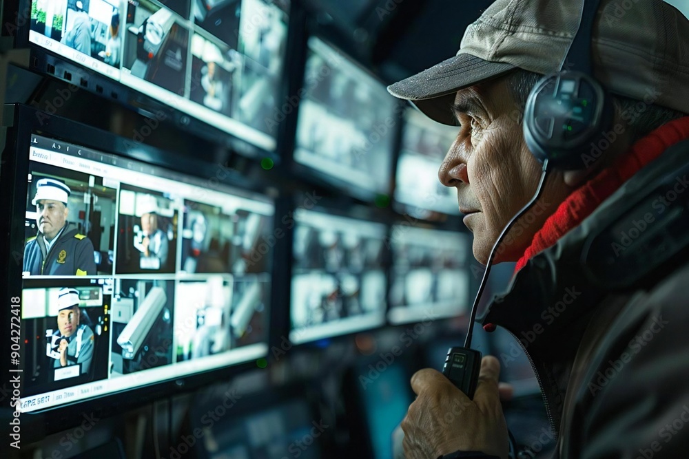 Poster security system operator using walkie-talkie and monitoring cctv footage from side view