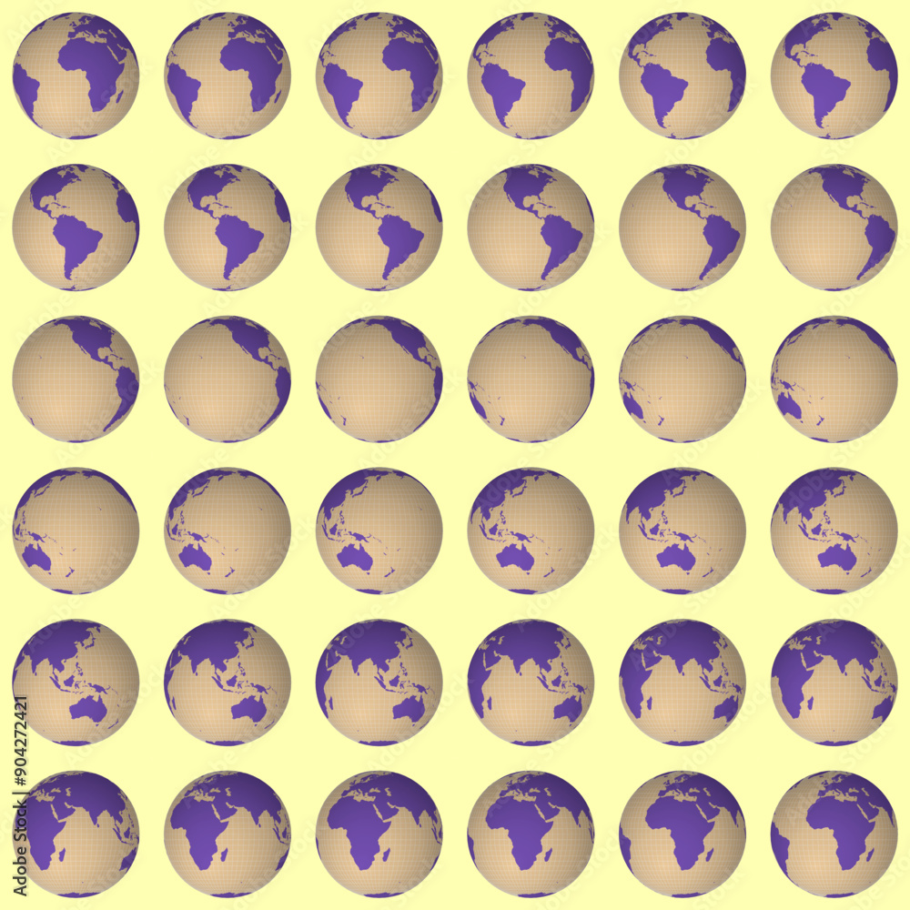 Poster collection of planet globes. normal sphere view. rotation step 10 degrees. solid color style. world 