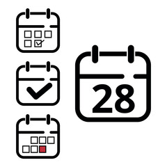 Collection of simple calendar icons of different designs, calendar icon with specific day marked for websites and graphic resources, day 28.