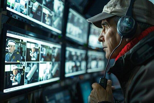 Security System Operator Using Walkie-Talkie and Monitoring CCTV Footage from Side View