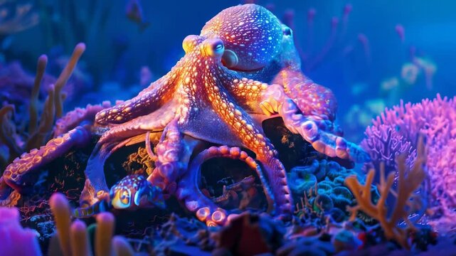 Vibrant octopus in a colorful coral reef underwater scene with diverse marine life