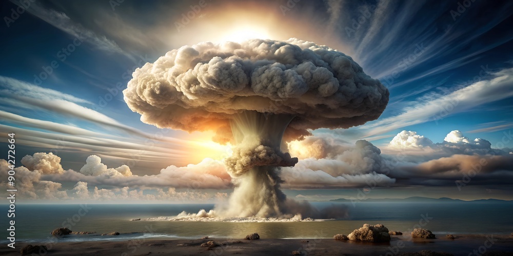 Poster massive mushroom cloud emerges from the aftermath of a devastating nuclear explosion creative ai