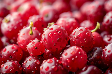 Fresh, vibrant red berries glistening with droplets of water, showcasing their juicy texture and appealing color.