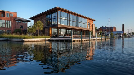 Modern waterfront buildings with glass windows reflecting on the calm marina water during sunset.