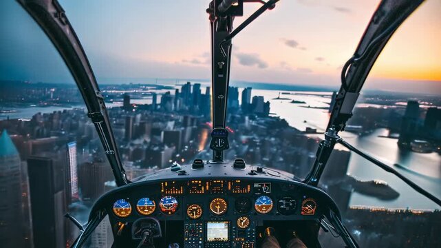 View from inside a helicopter cockpit flying over a city at dusk with illuminated buildings