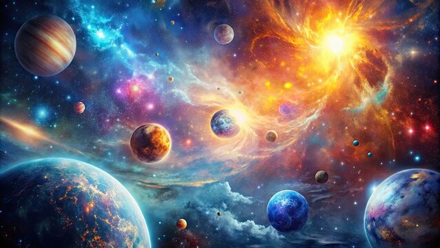 Fototapeta Broken cosmic universe abstract background, chaos, destruction, shattered, space, galaxy, stars, surreal, astral