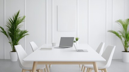 A bright and airy meeting room in a startup office, with a large table, laptops, and team members discussing a new project, high-resolution photo, realistic photo