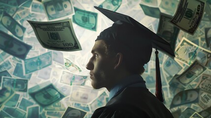 Graduate in cap and gown, surrounded by flying money, symbolizing student loan, education cost, and financial success.