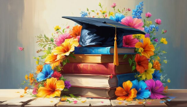 colorful oil illustration of a black graduation hat, surrounded by beautifully detailed flowers, placed atop a pile of books, vectorized, all elements on a crisp white backgroun