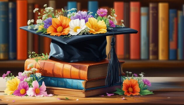 detailed oil illustration featuring a black graduation hat with flowers, books beneath, vibrant and full-colored, vectorized, against a plain white background
