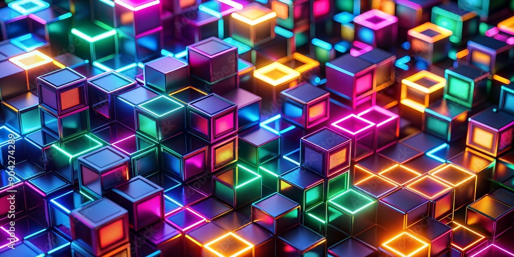 Poster futuristic abstract pattern of vibrant blocks glowing on dark background ai-generated content, glowi