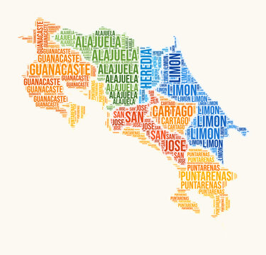 Costa Rica regions word cloud. Country logo design. Regions typography style vector image. Costa Rica colored text cloud. Beautiful vector illustration.