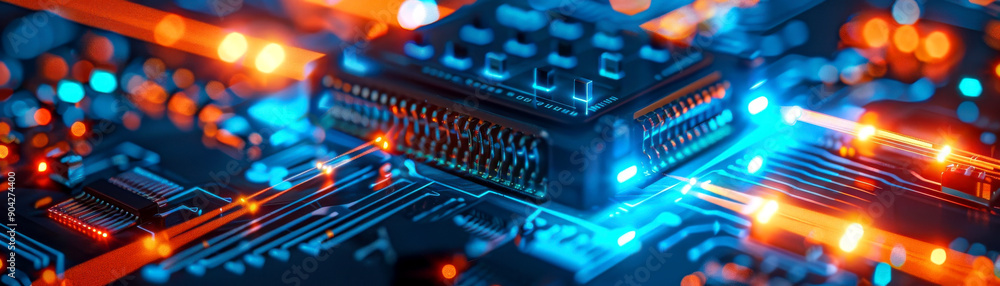 Poster close-up view of a high-tech circuit board with vibrant blue and orange lights, showcasing intricate