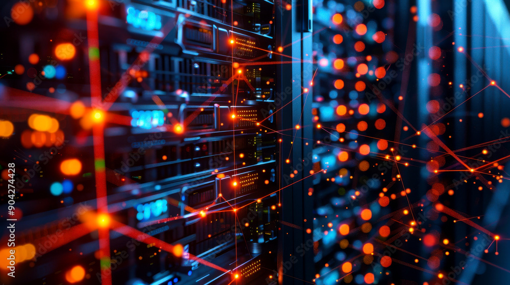 Aufkleber close-up view of illuminated data servers showcasing vibrant lights and connections in a modern data