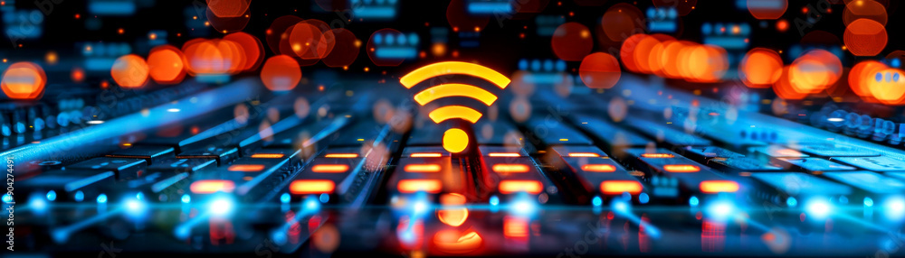 Poster dynamic digital background with abstract lights and a wireless signal icon, symbolizing connectivity