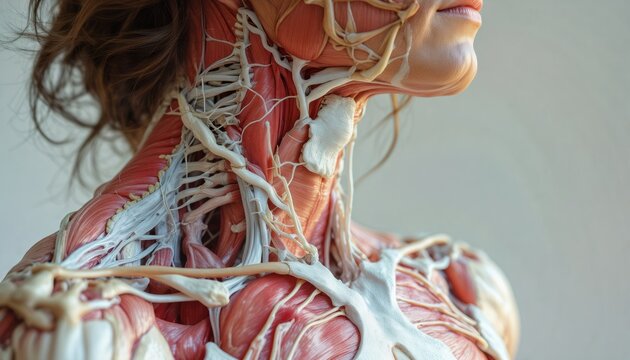 close-up of realistic upper human anatomy, showcased on a white background, detailed focus on neck, shoulder, and upper chest areas, fine textures of skin and muscle fibers, cla