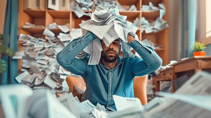 Stressed man surrounded by piles of paperwork shows frustration in cluttered office space. Overwhelm and deadline pressure concept.
