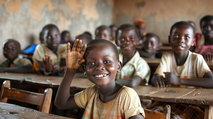 African schoolchildren smiling and raising hands in a classroom, displaying enthusiasm and engagement in their learning environment.